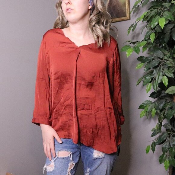 GAP V Neck Satin Blouse Amber Rolled Cuffs - Picture 2 of 11